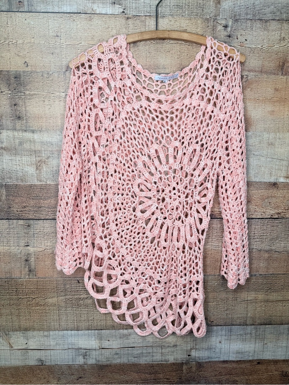 Tempo Paris Womens Sz M Crochet Macrame Top Festival Indie Boho Fairy Open Weave